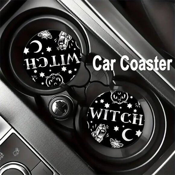 Witch-Themed Car Coasters - Set Of 2 - Moon & Stars Design - Round - Picture 11 of 12